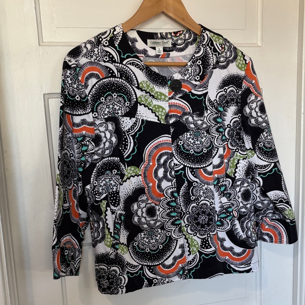 Coldwater Creek Women's Abstract Floral Blouse - Black, White, Green, Orange
